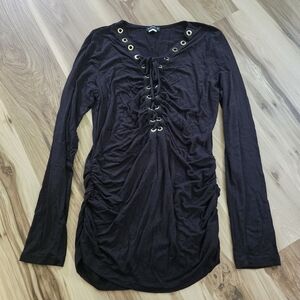 VENUS Long Sleeve Black Top With Lace-up Front Size Large